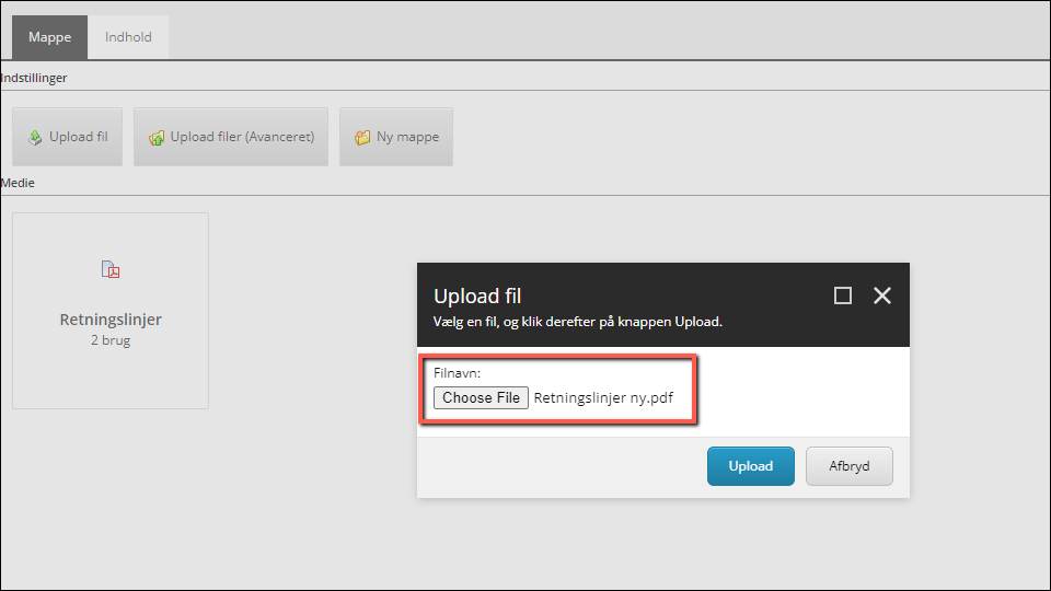Upload ny fil til mappen