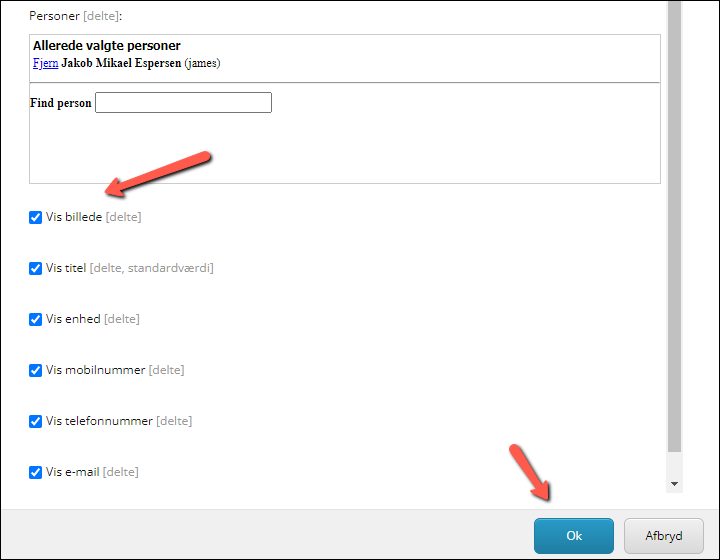 Sæt flueben ud for de elementer, du gerne vil have vist i kontaktmodulet.