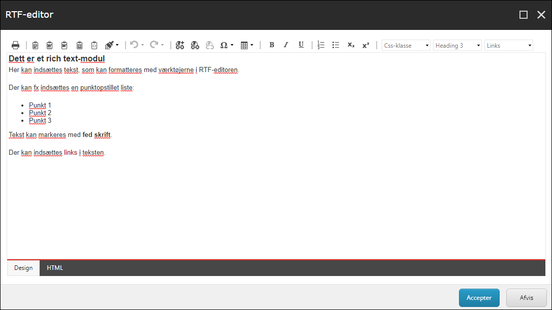 Redigering af rich text-modul
